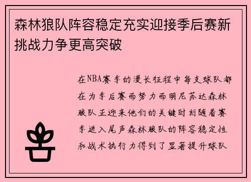 森林狼队阵容稳定充实迎接季后赛新挑战力争更高突破