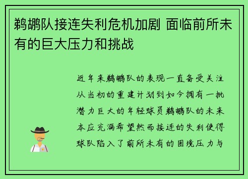 鹈鹕队接连失利危机加剧 面临前所未有的巨大压力和挑战