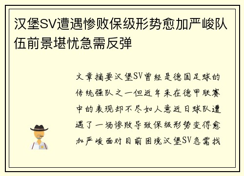 汉堡SV遭遇惨败保级形势愈加严峻队伍前景堪忧急需反弹