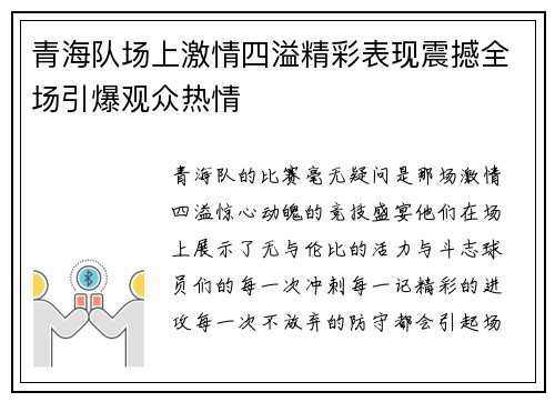 青海队场上激情四溢精彩表现震撼全场引爆观众热情