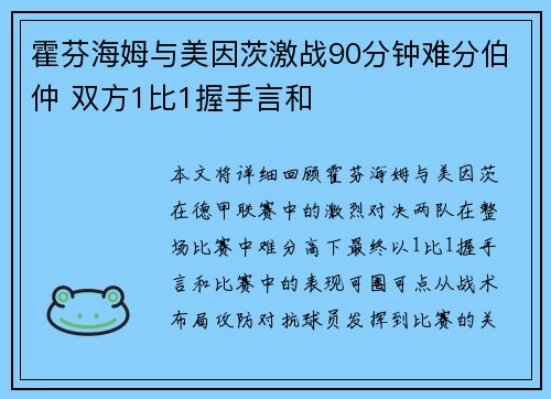 霍芬海姆与美因茨激战90分钟难分伯仲 双方1比1握手言和