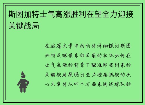 斯图加特士气高涨胜利在望全力迎接关键战局